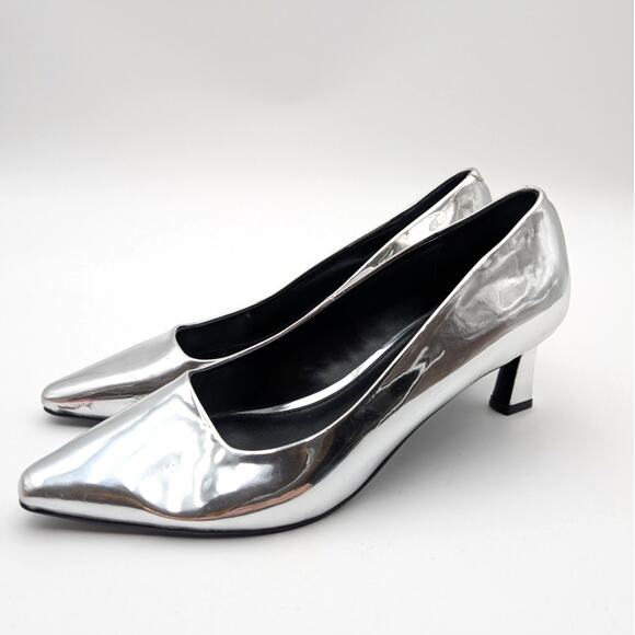 Steve Madden Nathalia Patent Leather Kitten Heels Women's Silver Metallic US8.5M - Picture 1 of 13